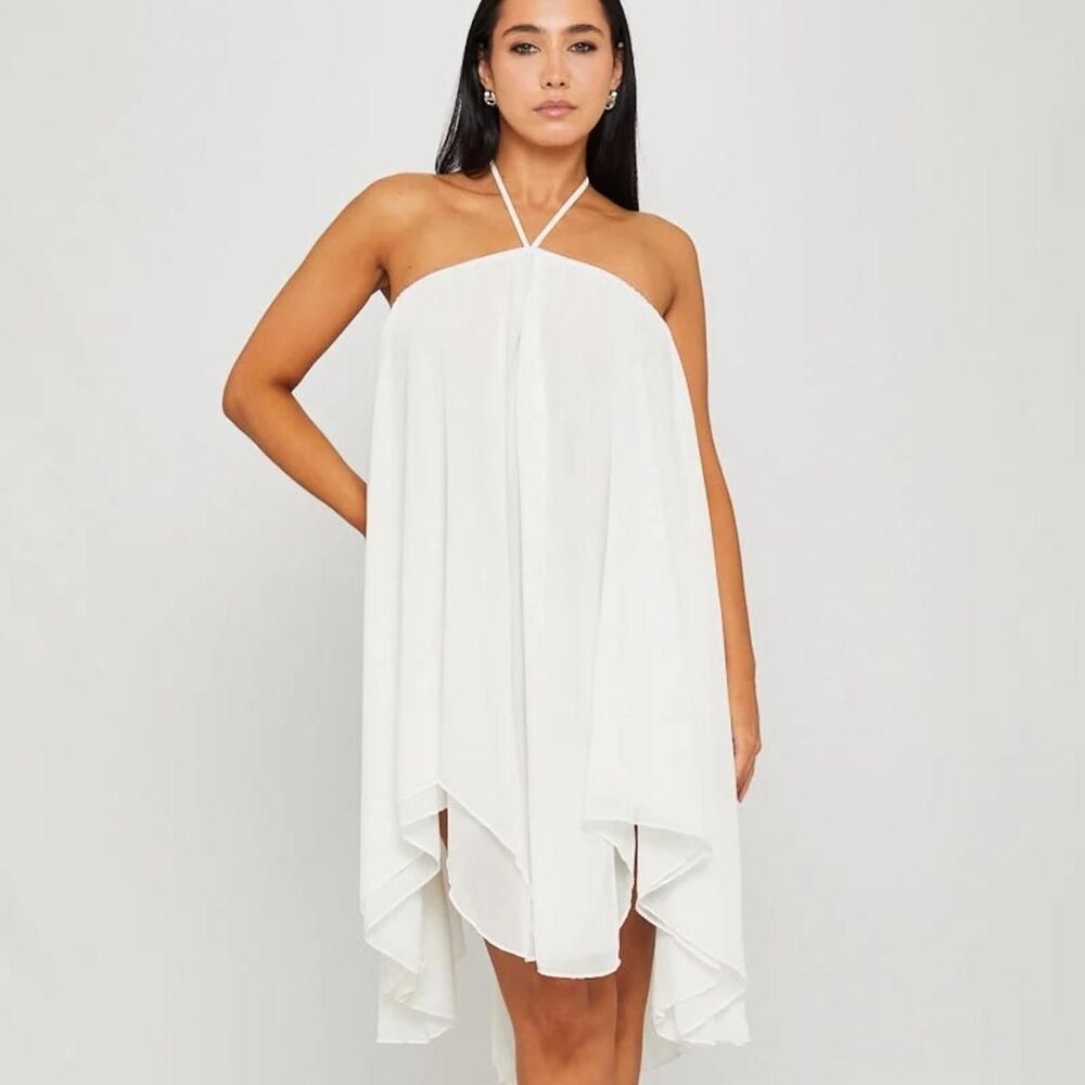 White Chiffon Halter Flutter Babydoll Asymmetric Mini Dress M